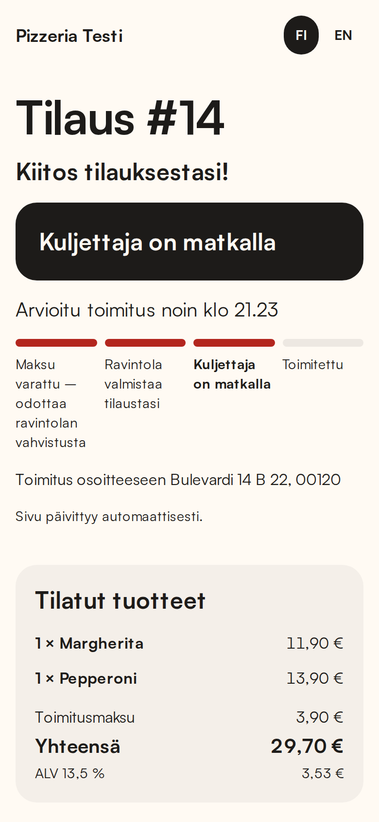 Tilauksen tila asiakkaalle